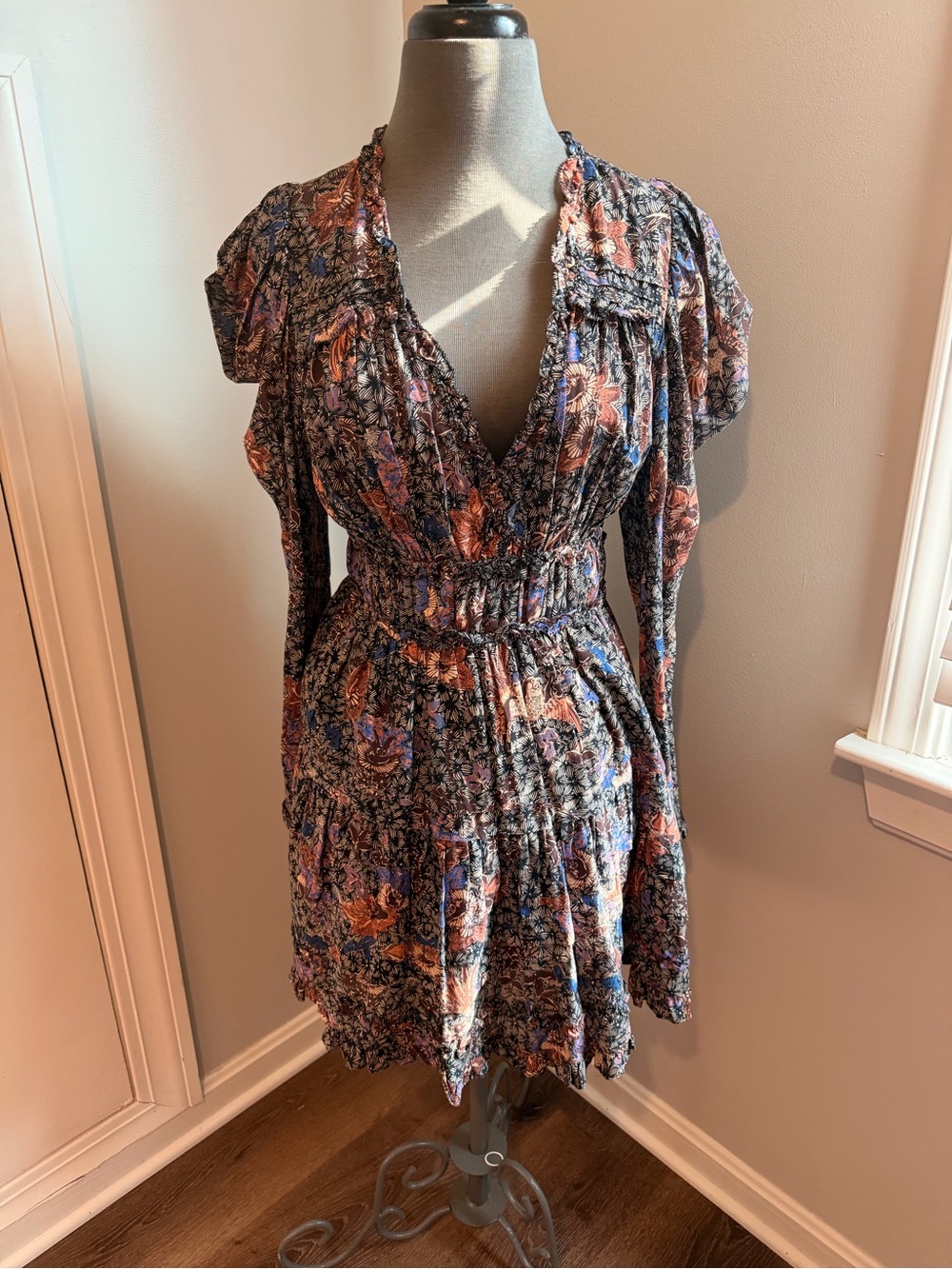 Ulla Johnson Navy Floral V-Neck Mini Dress with Coral and Lavender Accents